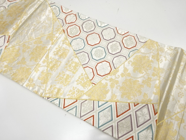 JAPANESE KIMONO / ANTIQUE FUKURO OBI / SILK / KIRIBAME STYLE / WOVEN CLASSICAL PATTERN & FLOWERS & RABBIT & CHINESE FLOWERS